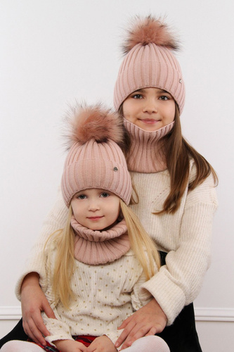 Ensemble d'hiver fille: bonnet et snood, rose, avec pompon, Wilma