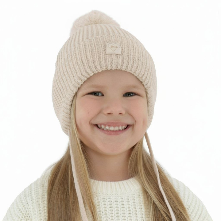 Bonnet d'hiver fille, beige, avec pompon, avec laine mérinos, doublé de coton, avec liens, Hakkari