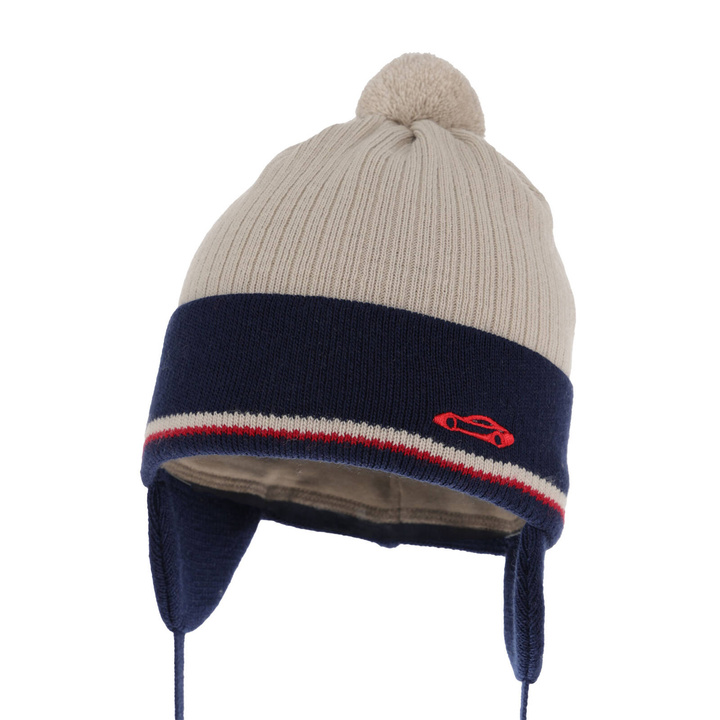 Bonnet automne/printemps garçon, beige, avec liens, avec pompon, Jacob