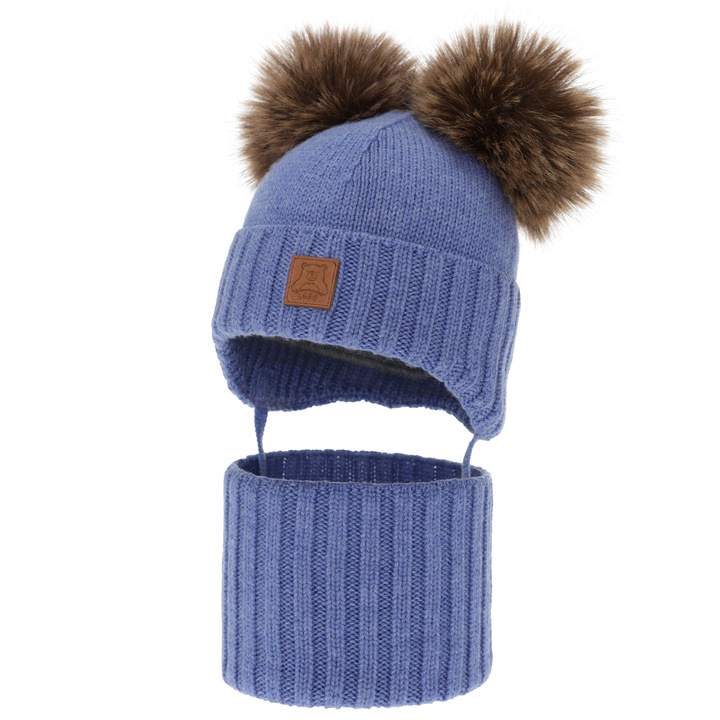 Ensemble bonnet et tour de cou garçon, hiver, bleu, 100% laine mérinos, doublé polaire laine, Ronik
