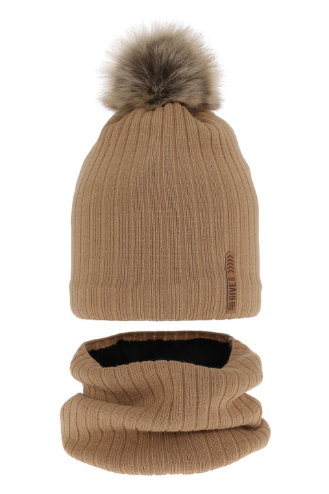 Ensemble d'hiver garçon: bonnet et snood, camel, avec pompon, doublé de coton, Kalen