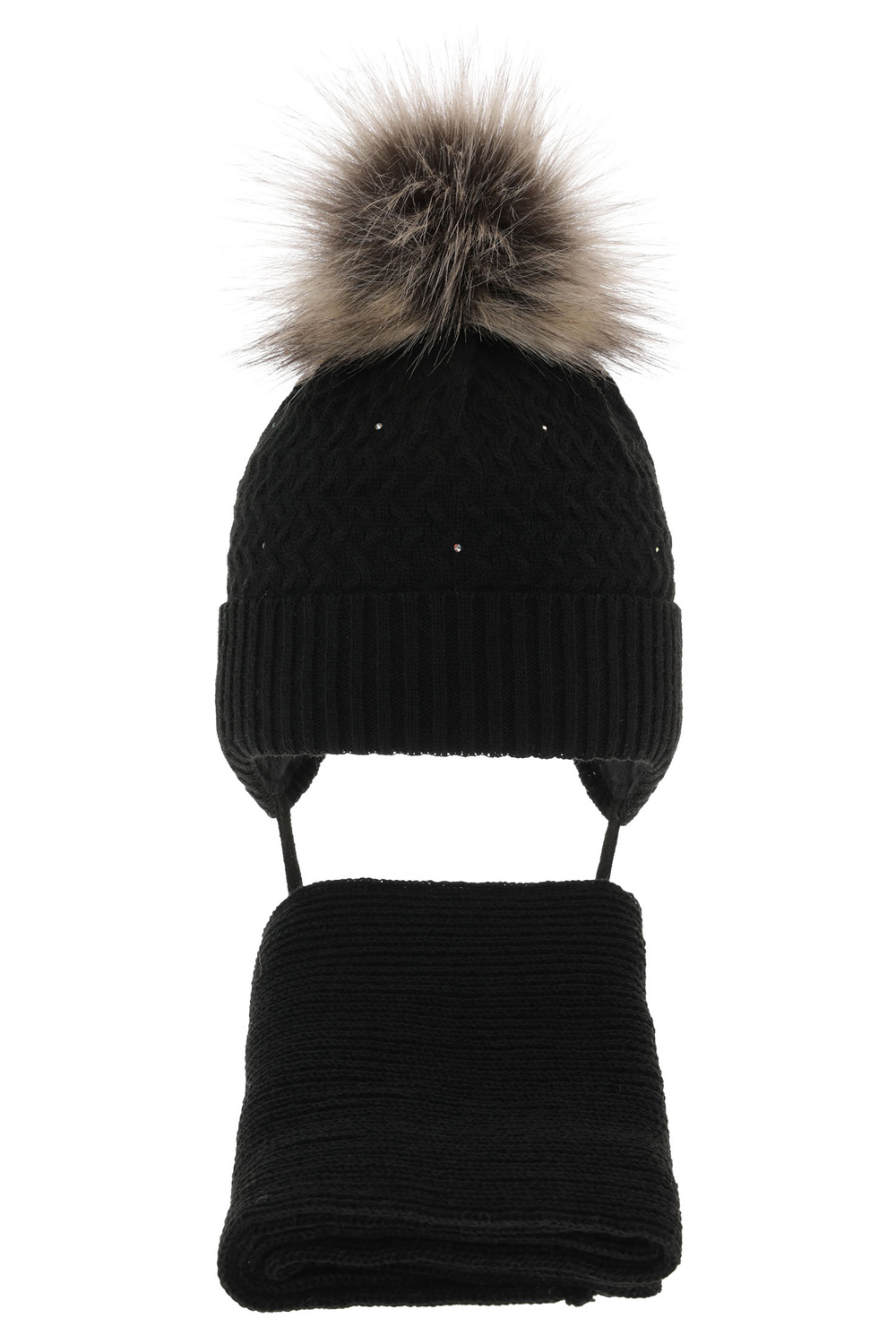 Ensemble d'hiver fille: bonnet et écharpe, noir, avec pompon, avec liens, Zelta