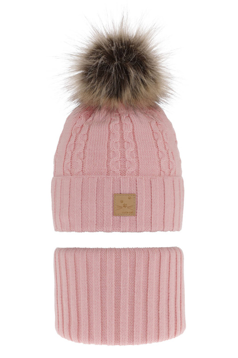 Ensemble d'hiver fille: bonnet et snood, rose, avec pompon, Alexia