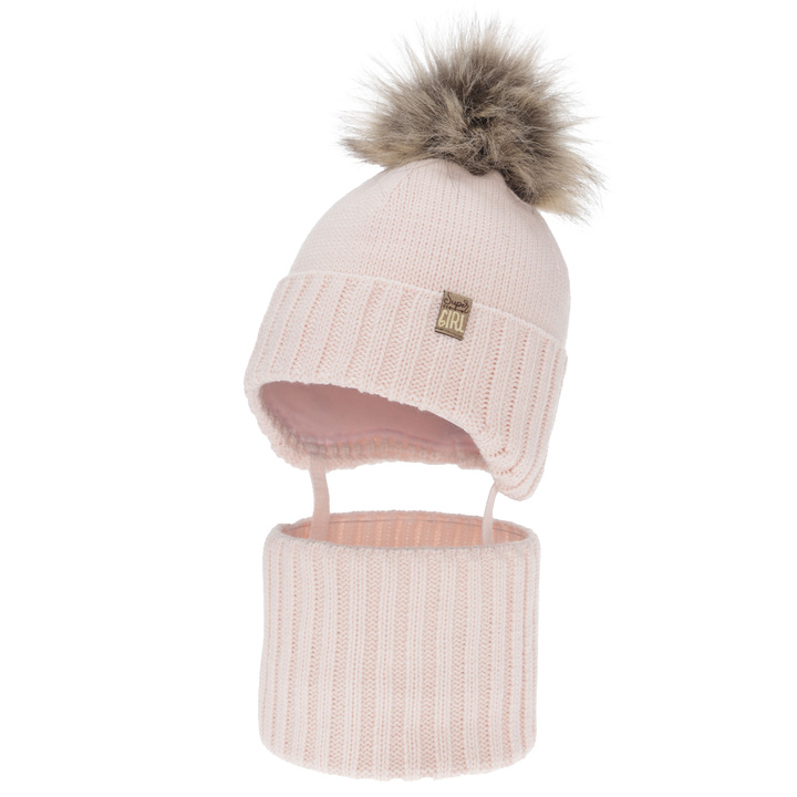 Ensemble d'hiver fille: bonnet et snood, rose, avec pompon, Primula