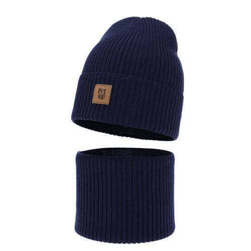 Ensemble automne/printemps garçon: bonnet et snood, bleu marine, avec laine mérinos, Vanto
