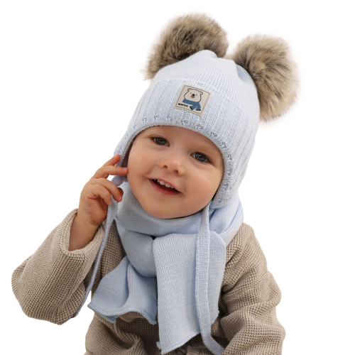 Ensemble d'hiver garçon: bonnet et écharpe, bleu marine, avec deux pompons, Jewel