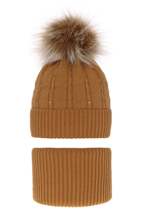 Ensemble d'hiver fille: bonnet et snood, camel, avec pompon, Lawa