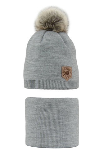 Ensemble d'hiver garçon: bonnet et snood, gris, avec pompon, Apolin