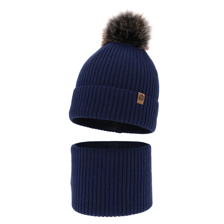 Ensemble d'hiver garçon: bonnet et snood, bleu marine, avec pompon, Wizar
