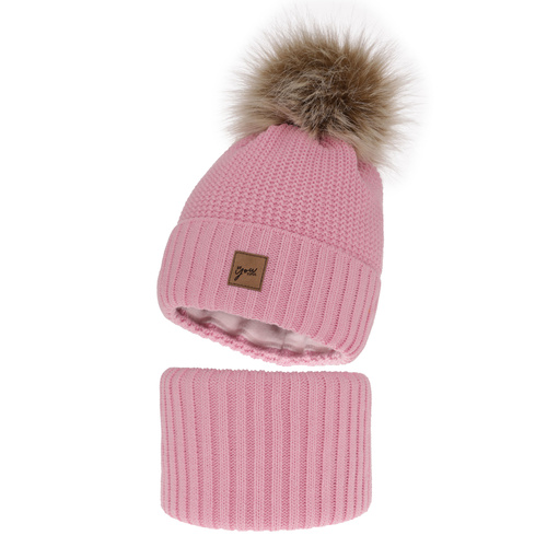 Ensemble d'hiver fille: bonnet et snood, rose, avec pompon, Juliette
