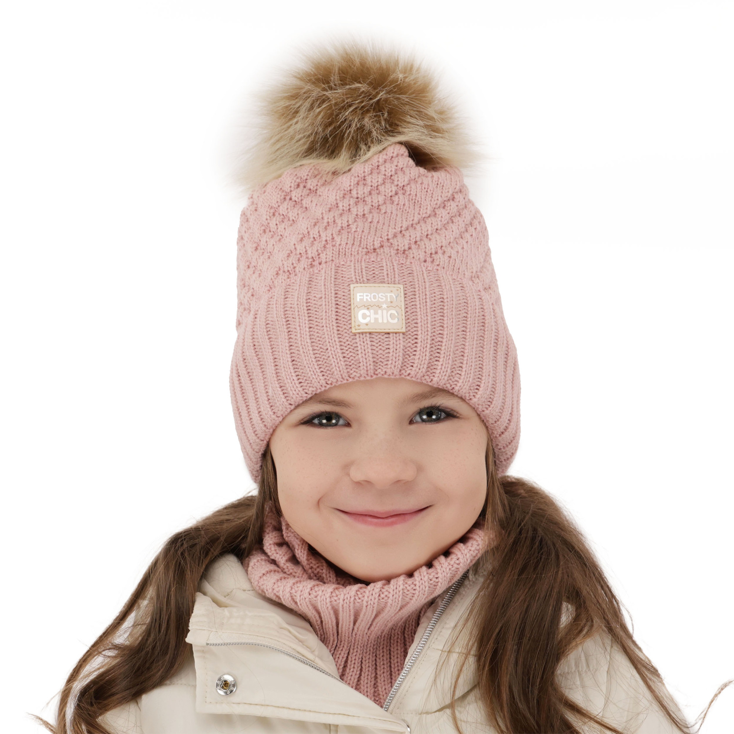 Ensemble d'hiver fille: bonnet et snood, noir, avec pompon, Alena