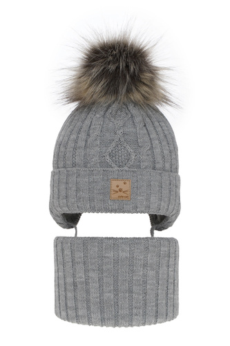 Ensemble d'hiver fille: bonnet et snood, gris, avec pompon, Aida