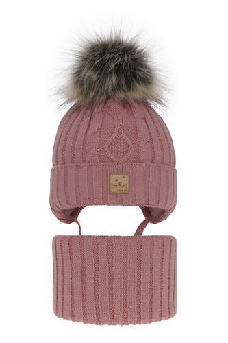 Ensemble d'hiver fille: bonnet et snood, rose, avec pompon, Aida