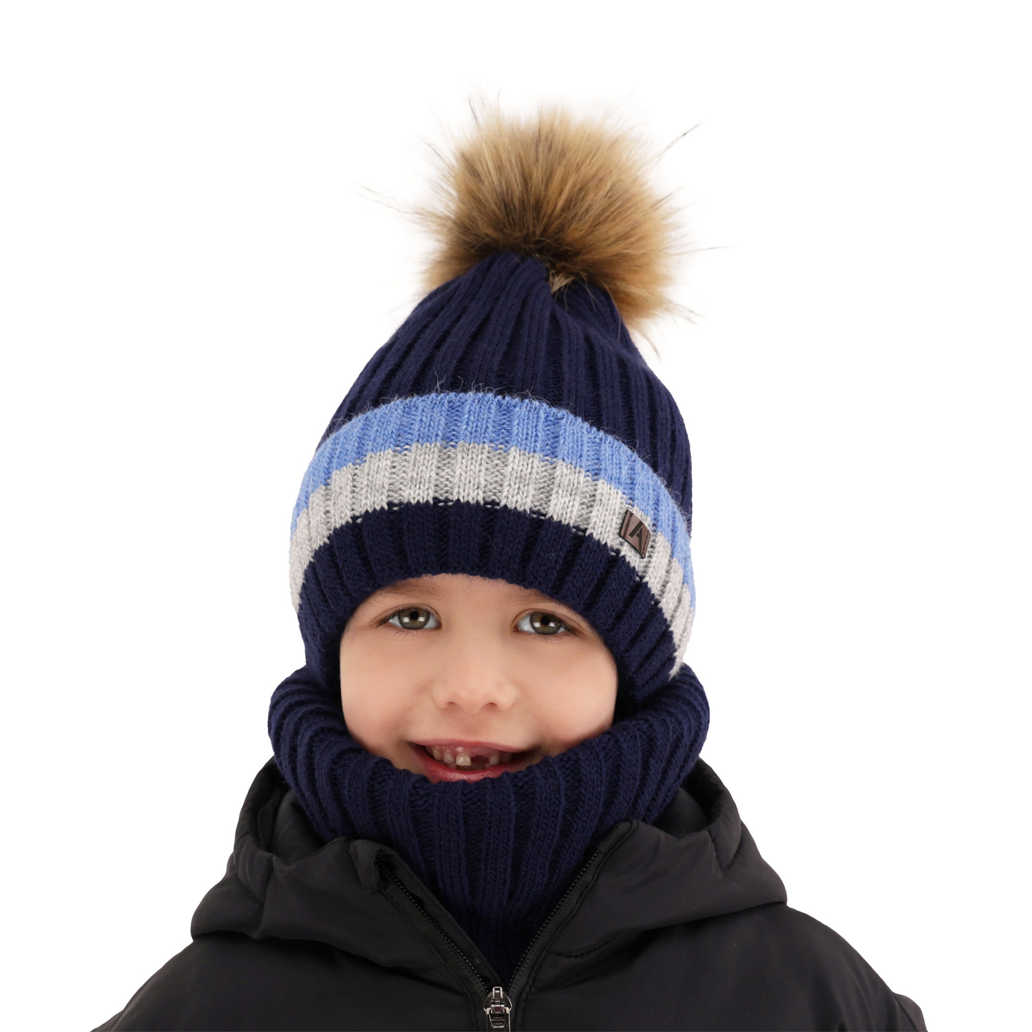 Ensemble d'hiver garçon: bonnet et snood, brun, avec pompon, doublé de polaire, Beno