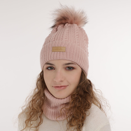 Ensemble d'hiver fille: bonnet et snood, rose, avec pompon, Alika
