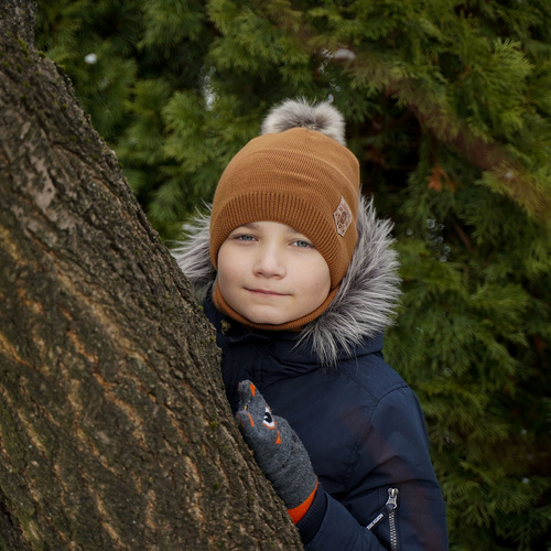 Ensemble d'hiver garçon: bonnet et snood, camel, avec pompon, Apolin