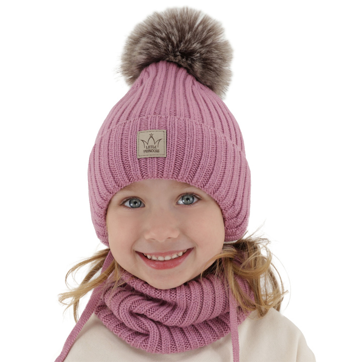 Ensemble d'hiver fille: bonnet et snood, violet, avec laine mérinos, doublé de coton, lié, Martina