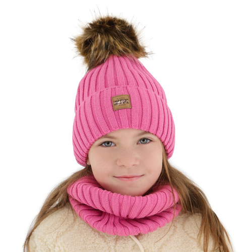 Ensemble d'hiver fille: bonnet et snood, rose, doublé de polaire, avec laine mérinos, Bellina