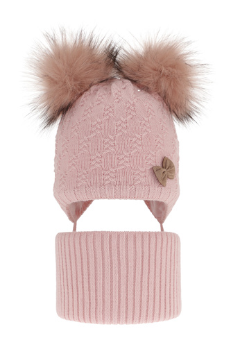 Ensemble d'hiver fille: bonnet et snood, rose, avec deux pompons, avec liens, Bettina