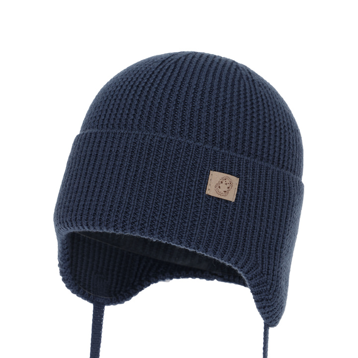 Bonnet d'hiver/automne/printemps garçon, bleu marine, 100% Laine Mérinos, avec liens, Bakadi
