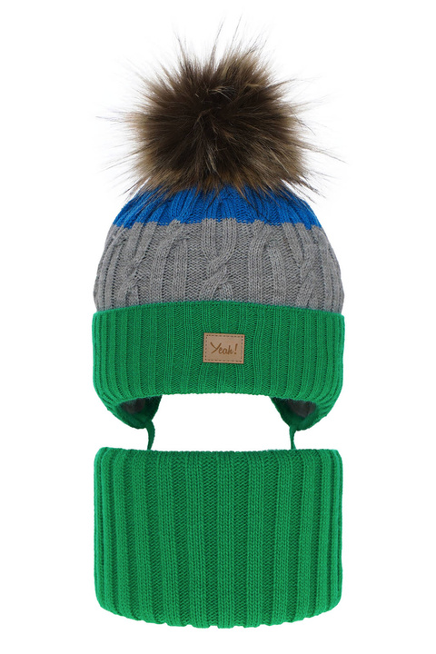 Ensemble d'hiver garçon: bonnet et snood, vert, avec pompon, Maxwell