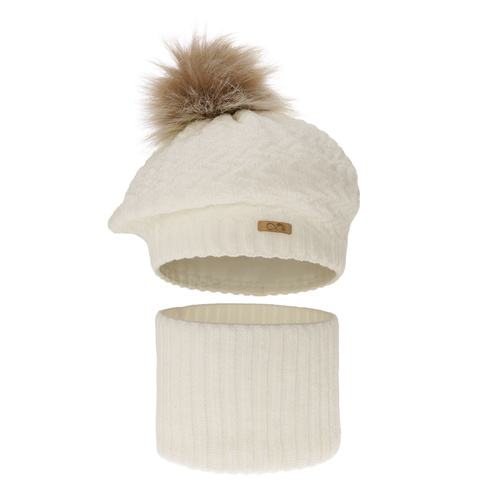 Ensemble d'hiver fille: béret et snood, crème, avec pompon, Atene