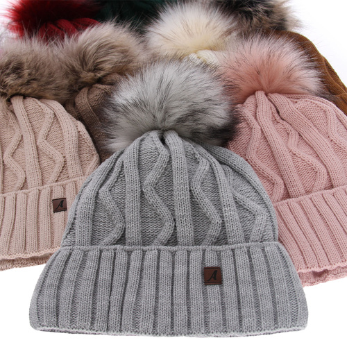 Bonnet d'hiver femme, beige, avec pompon, Renika