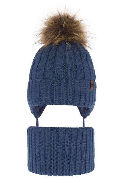 Ensemble d'hiver garçon: bonnet et snood, bleu, avec pompon, Peter