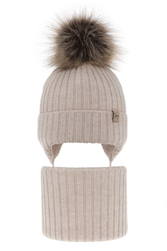Ensemble d'hiver fille: bonnet et snood, beige, avec laine mérinos, avec liens, Junika