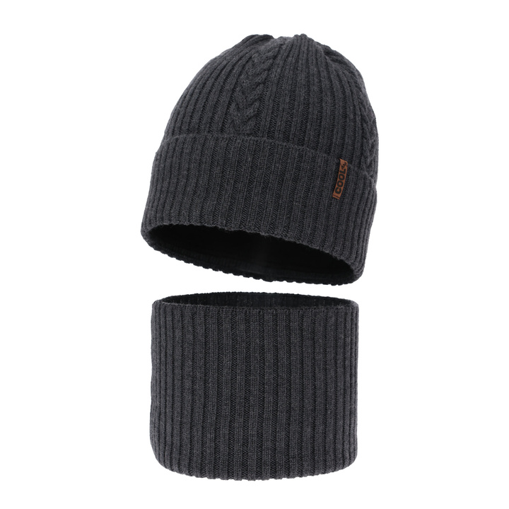 Ensemble d'hiver garçon: bonnet et snood, gris foncé, avec laine mérinos, Wilson