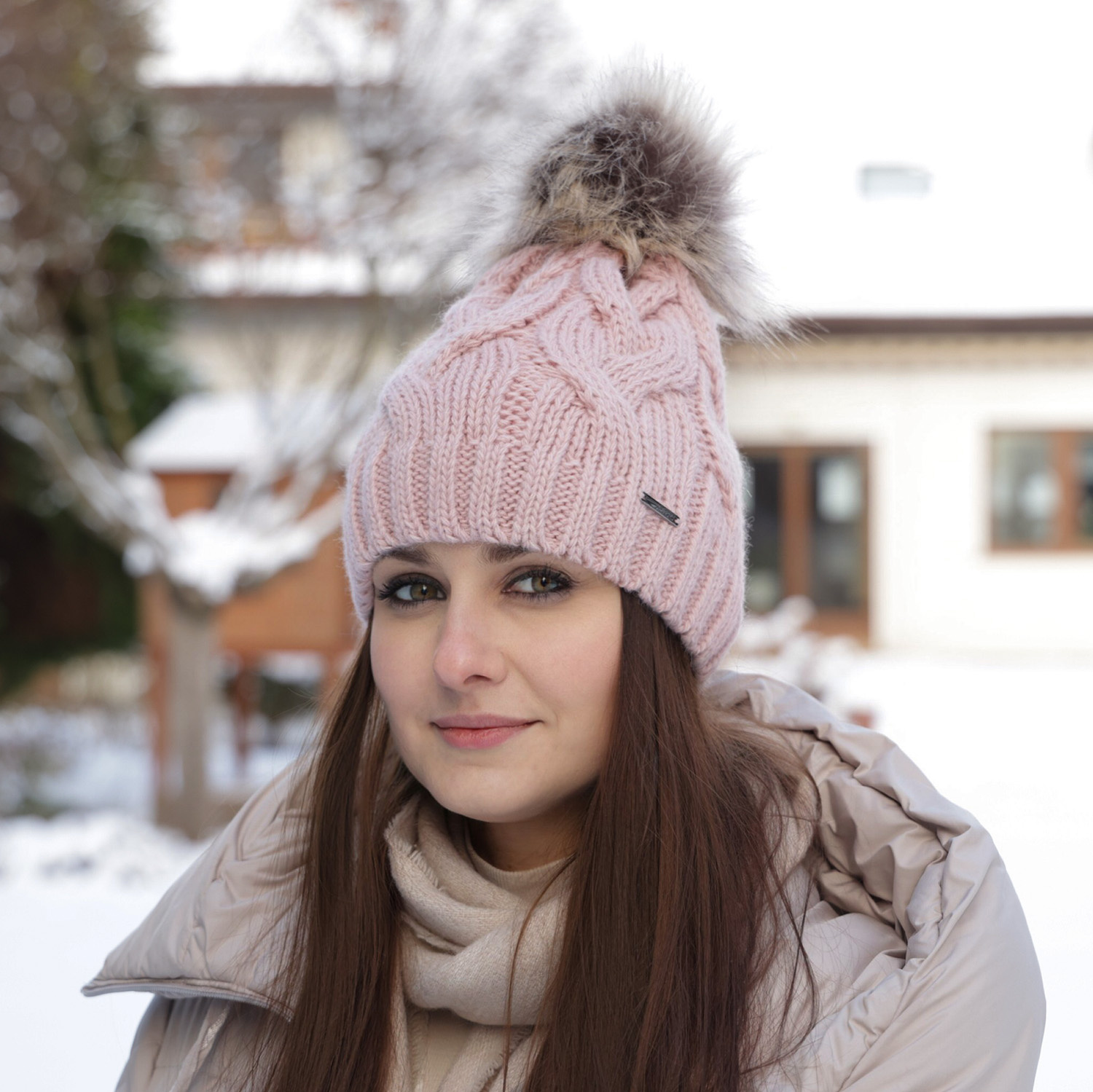 Bonnet d'hiver femme, hiver, wrzosowy, avec pompon, Terri