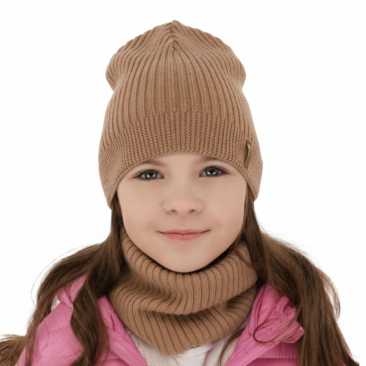 Ensemble automne/printemps fille: bonnet et snood, camel, avec laine mérinos, Chelsie
