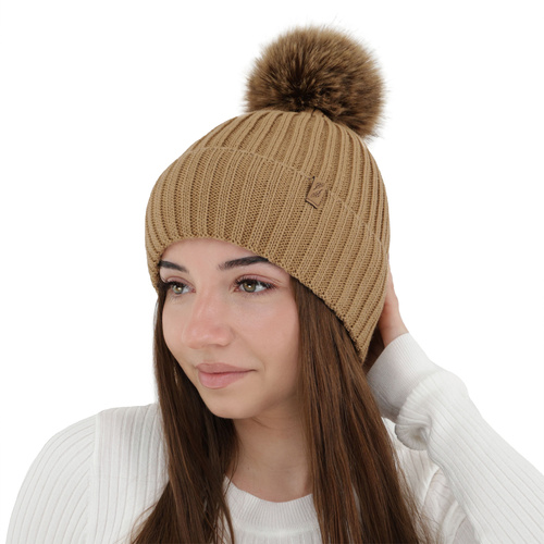 Bonnet d'hiver femme, camel, avec laine mérinos, Zamira