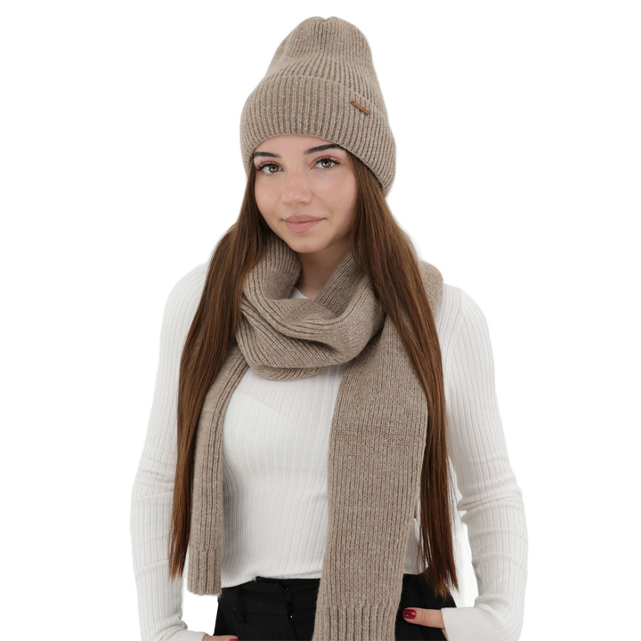 Ensemble d'hiver femme: bonnet et écharpe, beige foncé, avec laine mérinos, Seala