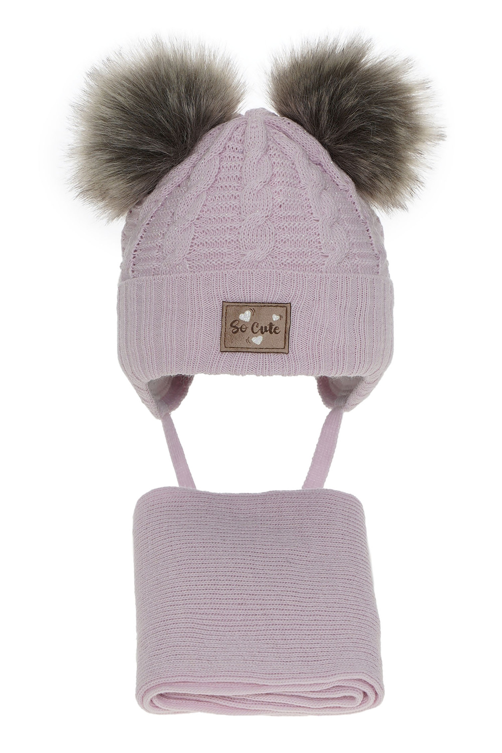 Ensemble d'hiver fille: bonnet et écharpe, lilas, avec deux pompons, avec fil brillant, wiązany Klarita