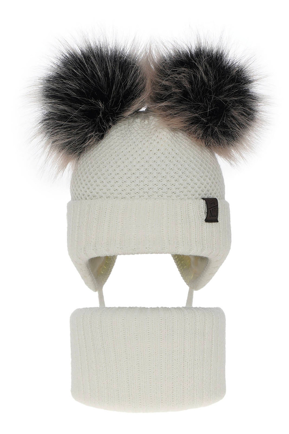 Ensemble d'hiver garçon: bonnet et snood, crème, avec deux pompons, avec liens, Randel