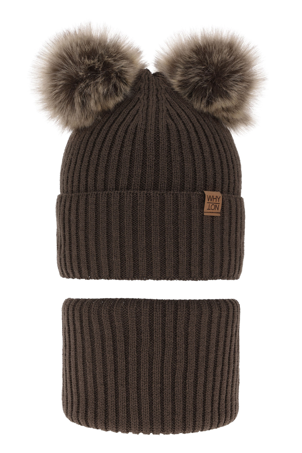 Ensemble d'hiver garçon: bonnet et snood, brun, avec deux pompons, Oxford