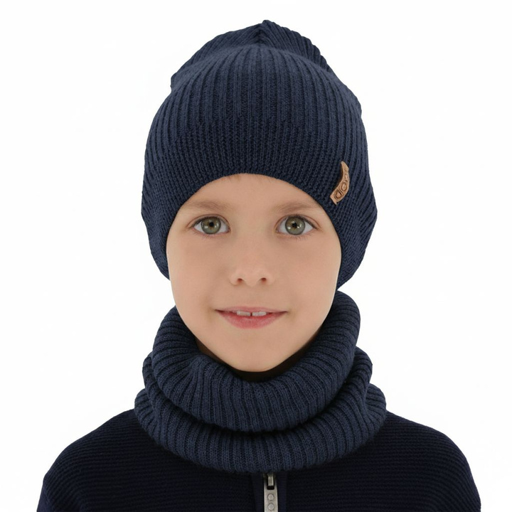 Ensemble automne/printemps garçon: bonnet et snood, 100% Laine Mérinos Extrafine, granatowy, Chester