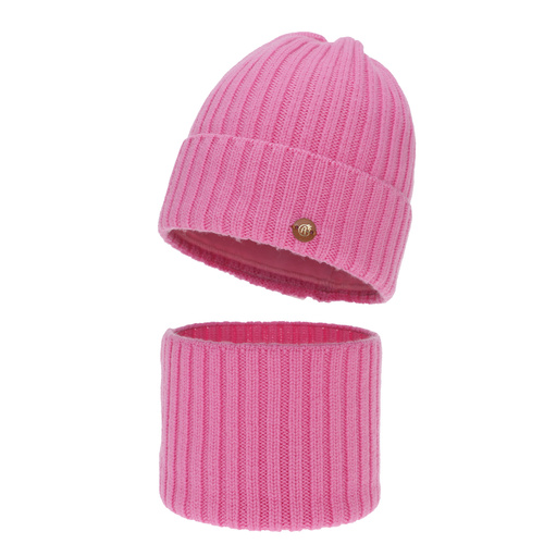Ensemble d'hiver fille: bonnet et snood, rose, 100% laine mérinos, doublé de coton, Vanira