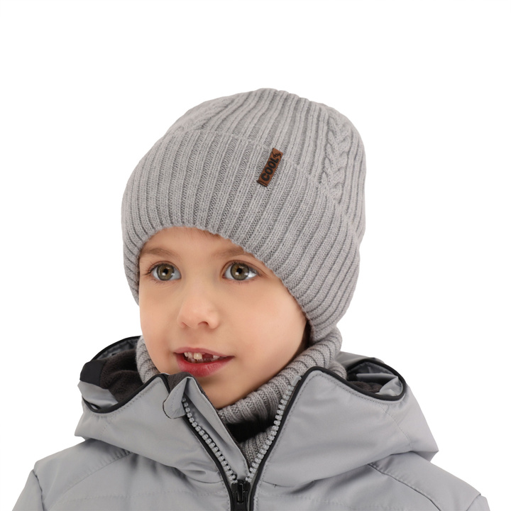 Ensemble d'hiver garçon: bonnet et snood, gris clair, avec laine mérinos, Wilson