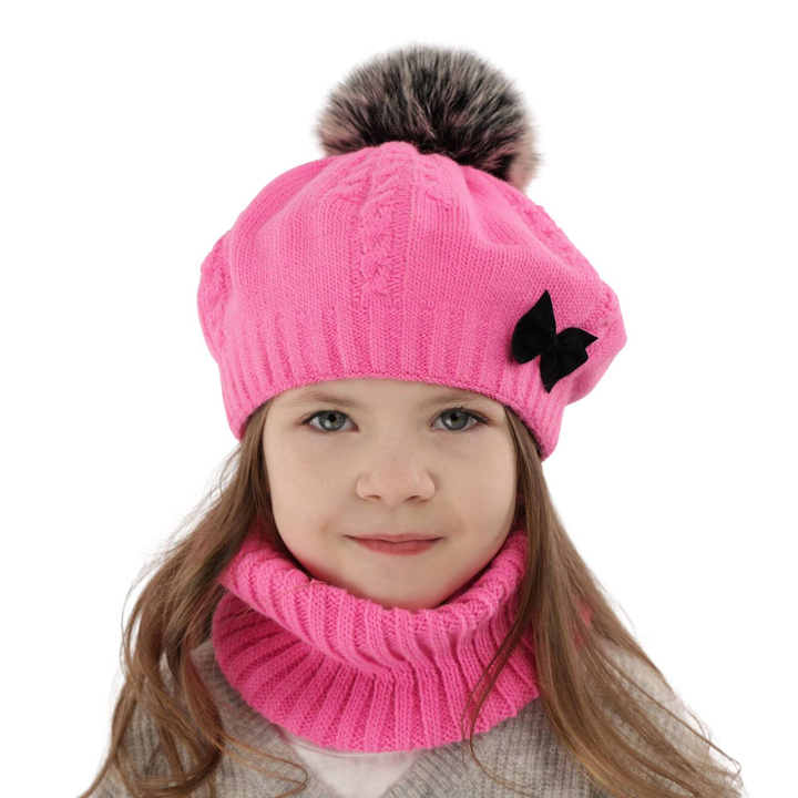Ensemble d'hiver fille: beret et snood, rose, avec pompon, Amora
