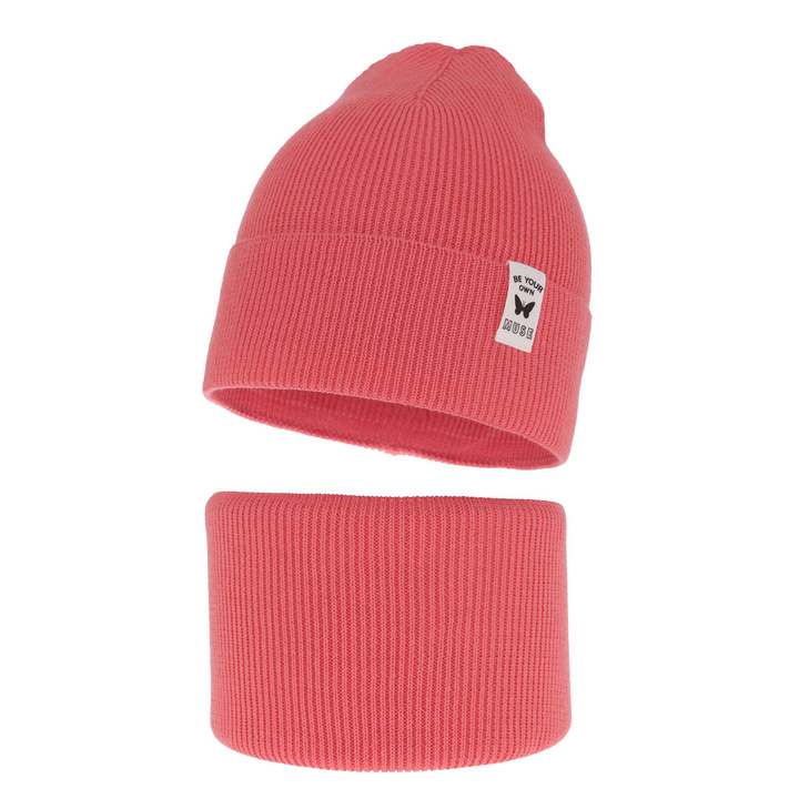 Ensemble automne/printemps fille: bonnet et snood, avec coton, corail, Leonita