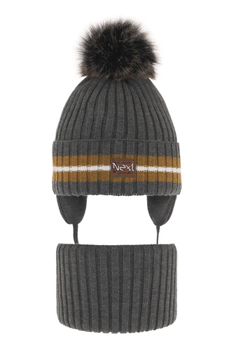 Ensemble d'hiver garçon: bonnet et snood, gris, avec pompon, Echo