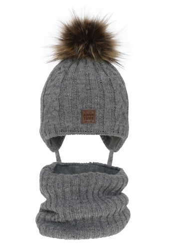 Ensemble d'hiver garçon: bonnet et snood, gris, avec pompon, avec liens, Casper