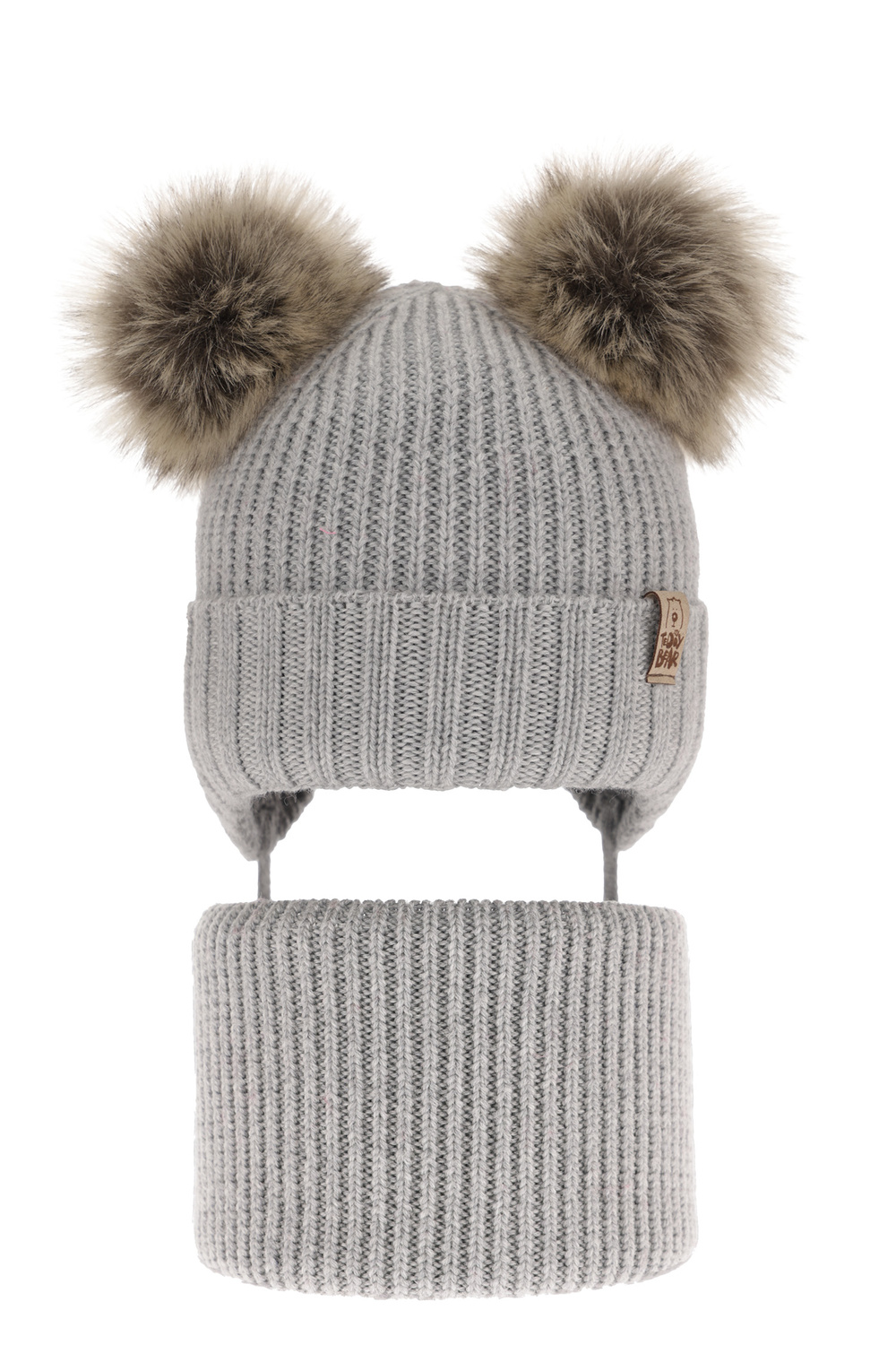 Ensemble d'hiver garçon: bonnet et snood, gris, avec liens, 100% Laine Mérinos Extrafine, Konor