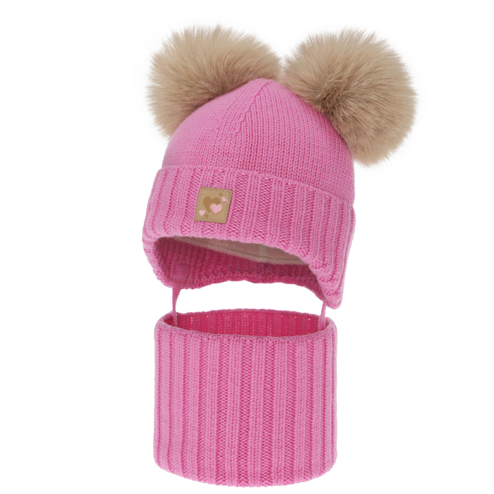 Ensemble bonnet et tour de cou fille, hiver, rose, 100% laine mérinos, doublé polaire laine, Ronia