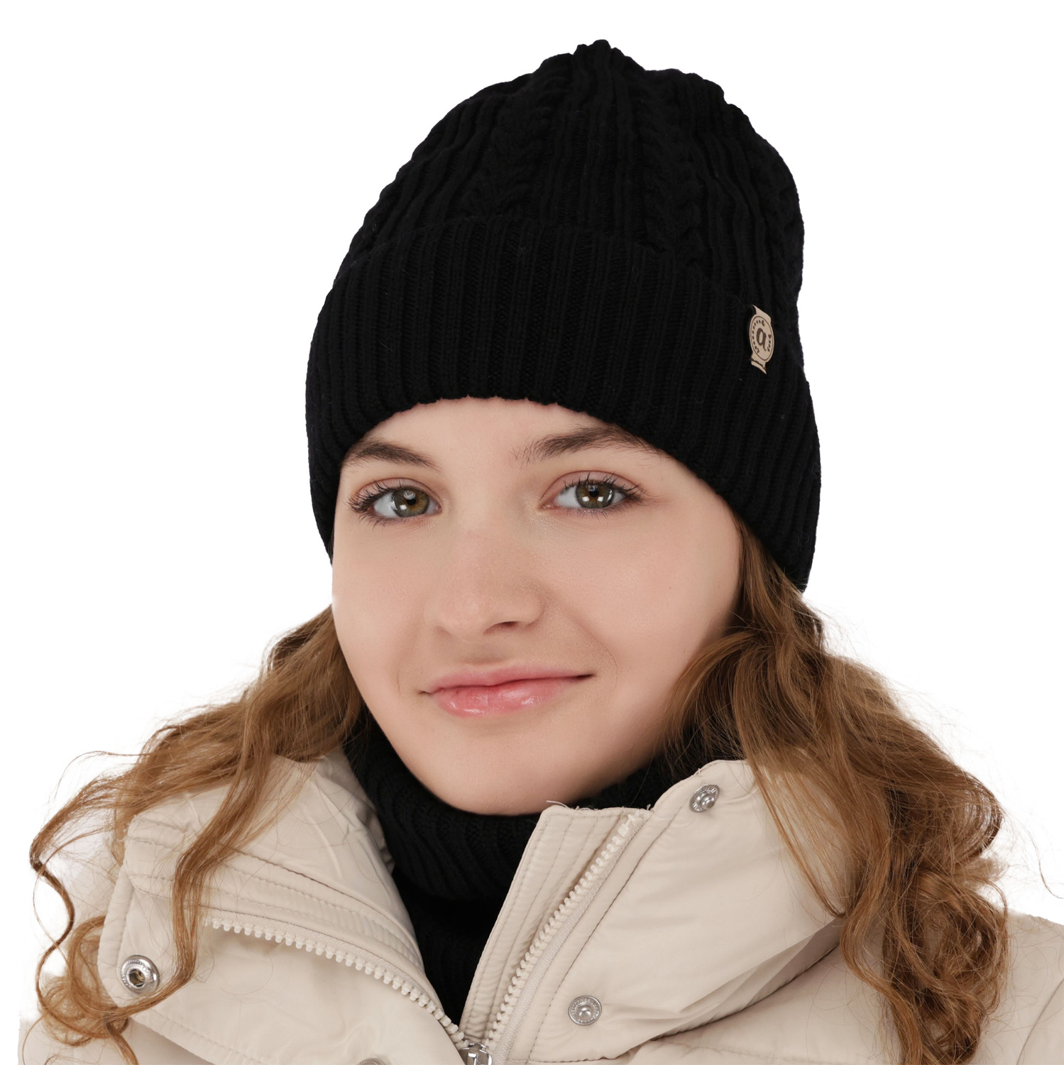 Ensemble d'hiver fille: bonnet et snood, beige, avec laine mérinos, Jenny