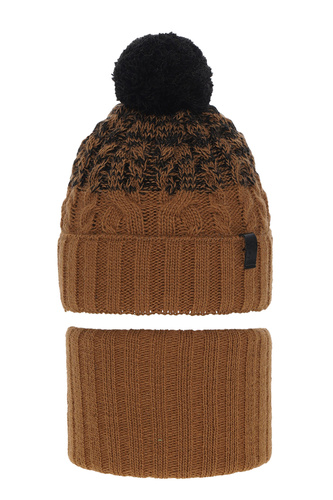 Ensemble d'hiver garçon: bonnet et snood, brun, avec pompon, Travis