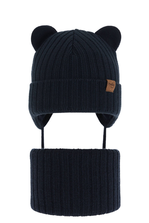 Ensemble d'hiver garçon: bonnet et snood, bleu marine, avec liens, Ferven