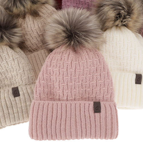 Bonnet d'hiver femme, beige, avec pompon, Gaba